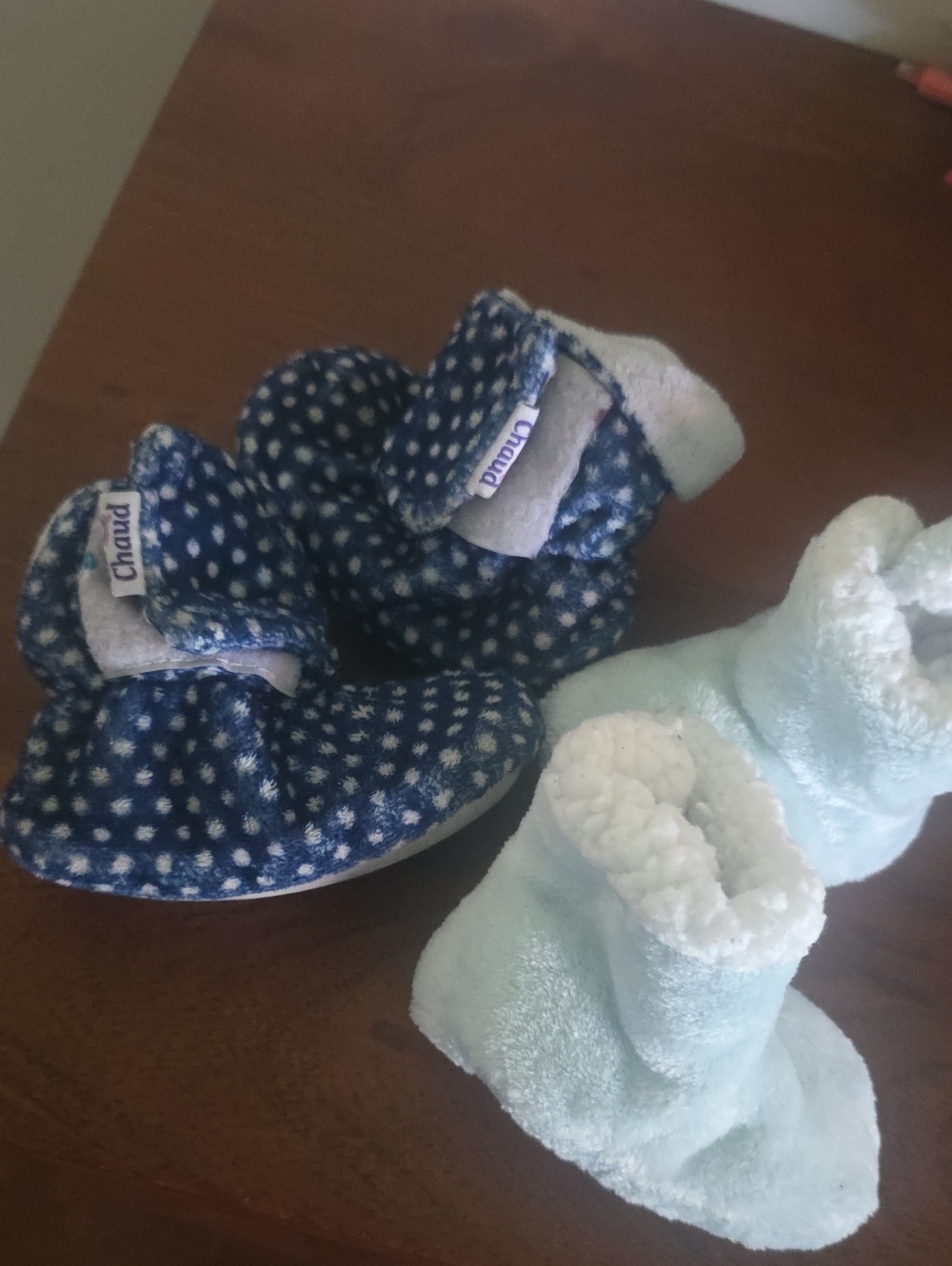 Soft Baby Walker Booties – Navy Polka Dot & Light Blue